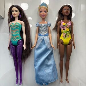Lot of 3 Mattel Barbie & Disney Princess Cinderella Dolls Swim & Sparkle Bundle